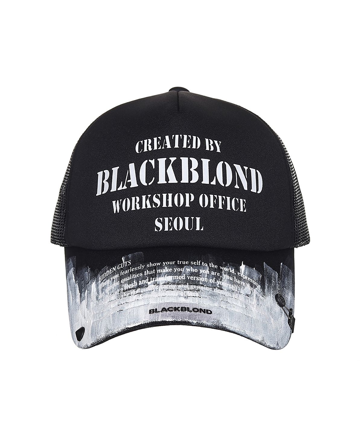 블랙블론드(BLACKBLOND) 비비디 스모크 페인티드 워크샵 트러커 매쉬 캡 (블랙)