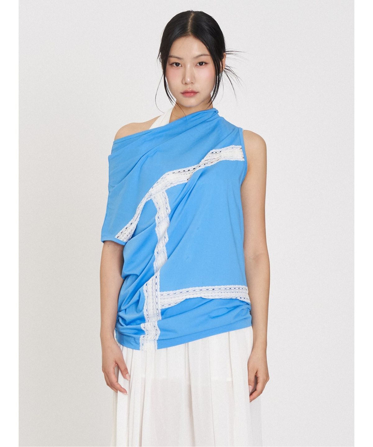 앙개(ANGGAE) Lace Patch Long Tshirt  Blue
