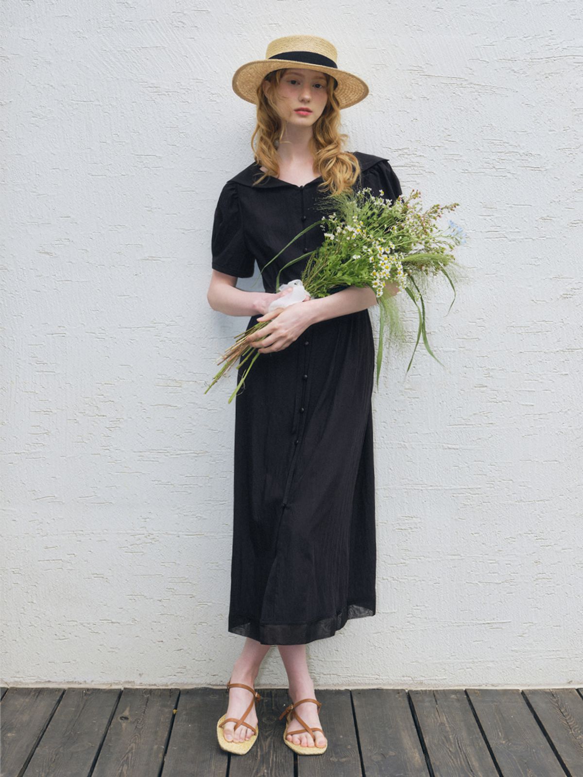 오앨(OUEL) CHIFFON EDGE SAILOR COLLAR DRESS_BLACK