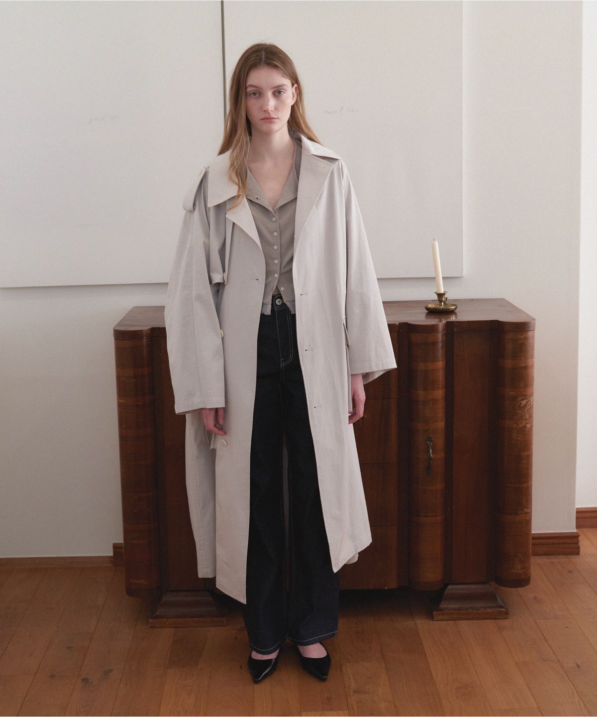 앤테(AENTE) Hooded oversized trench coat - Light gray