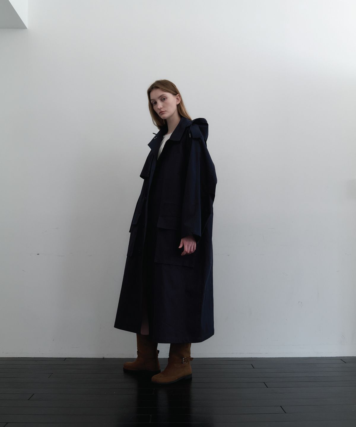앤테(AENTE) Hooded oversized trench coat - Navy