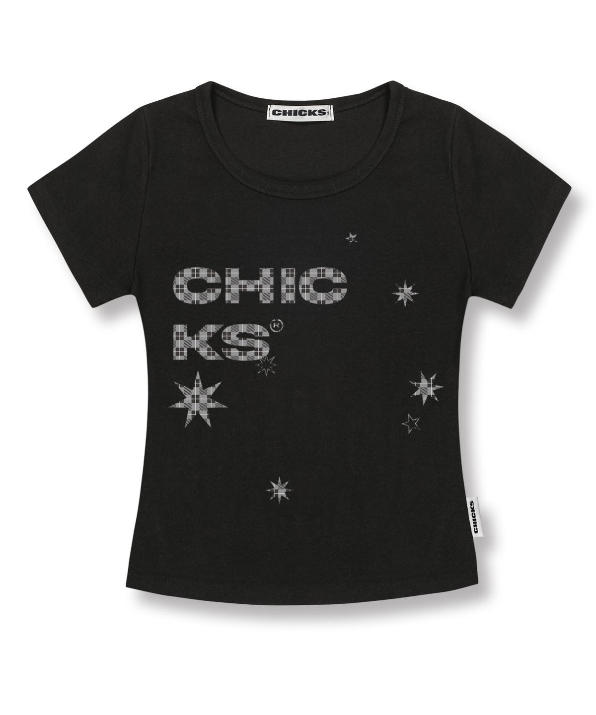 칙스(CHICKS) 체크 언발스텔라 슬림핏 반팔 티셔츠 블랙