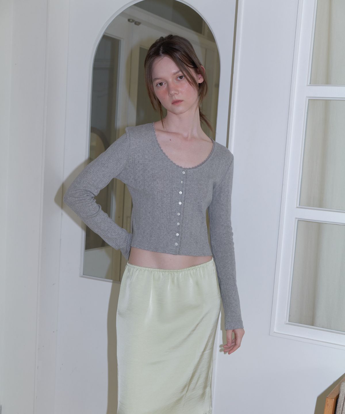 앤테(AENTE) U-neck jacquard cardigan - Gray