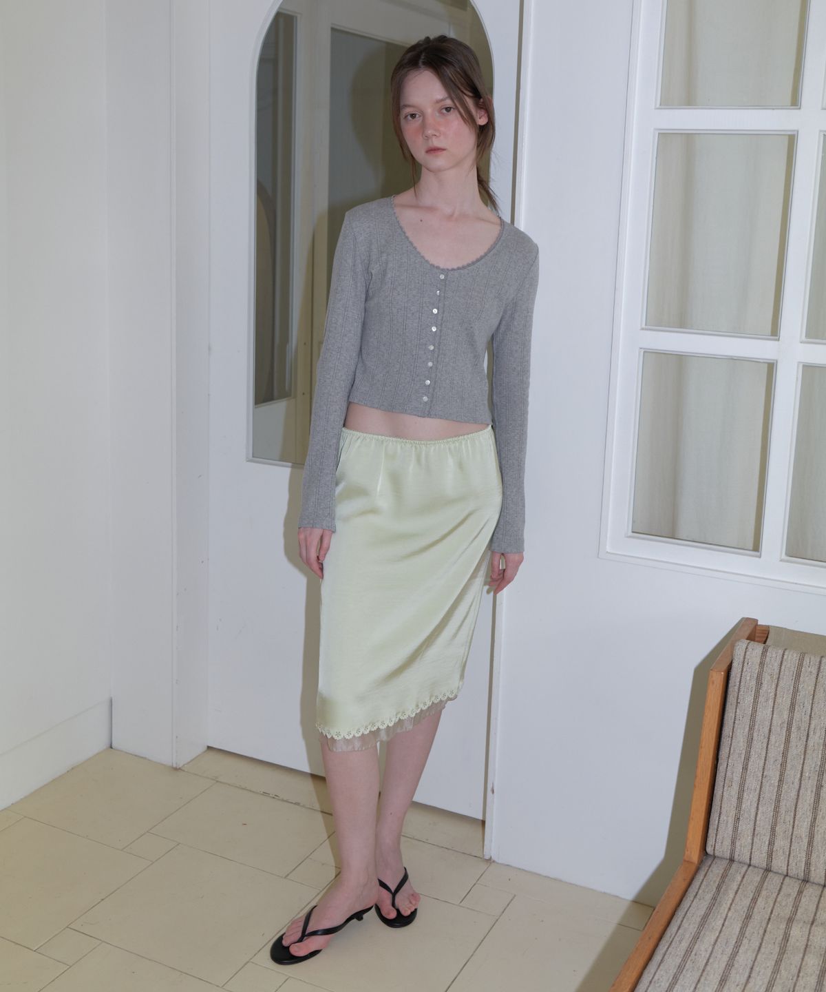 앤테(AENTE) U-neck jacquard cardigan - Gray