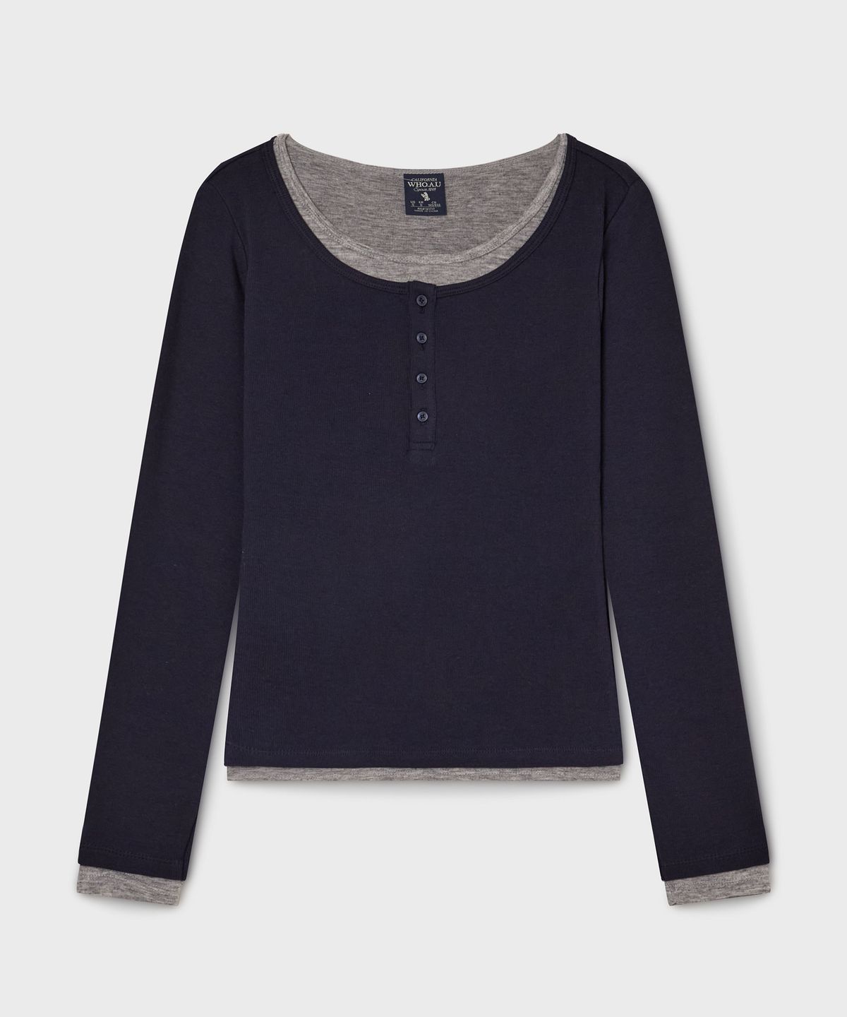 후아유(WHO.A.U) Layered Henry Neck Long Sleeve T-Shirt/WHLAG2283F