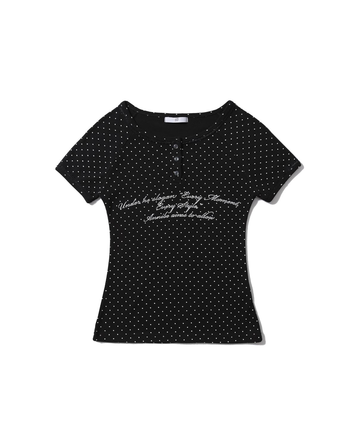 어니브(ANIV) DOT LETTERING HENLEY NECK T-SHIRT BLACK