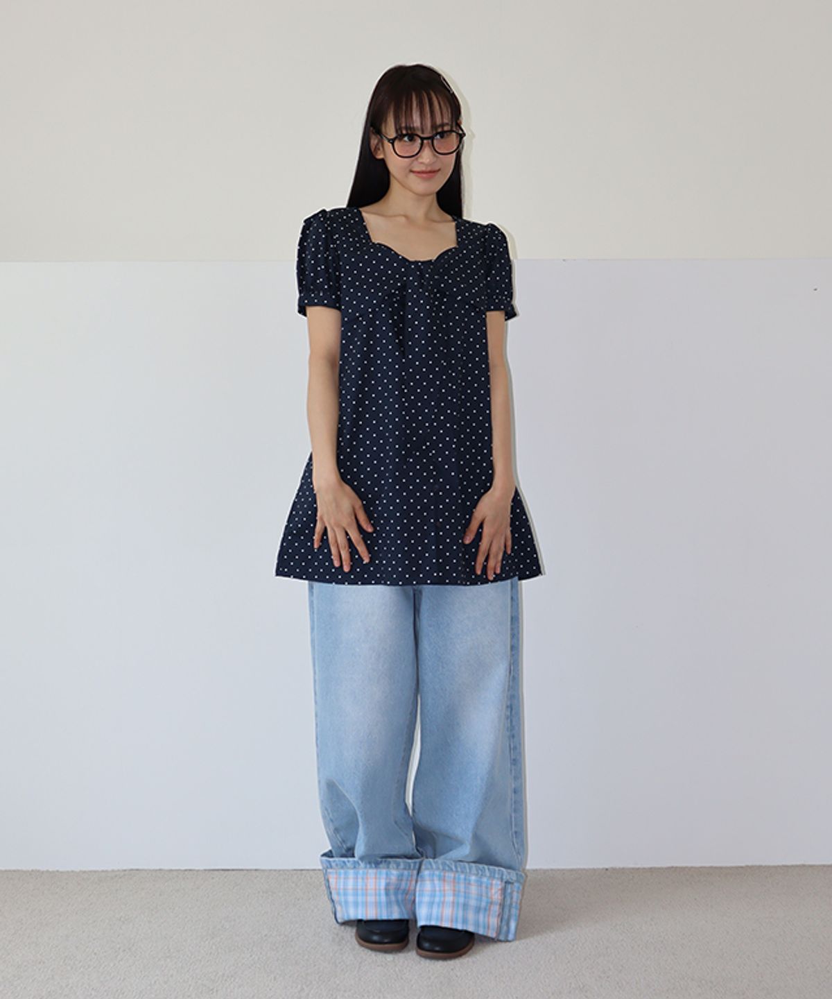 론론(RONRON) RIBBON BOW HALF SLEEVE DRESS NAVY DOT