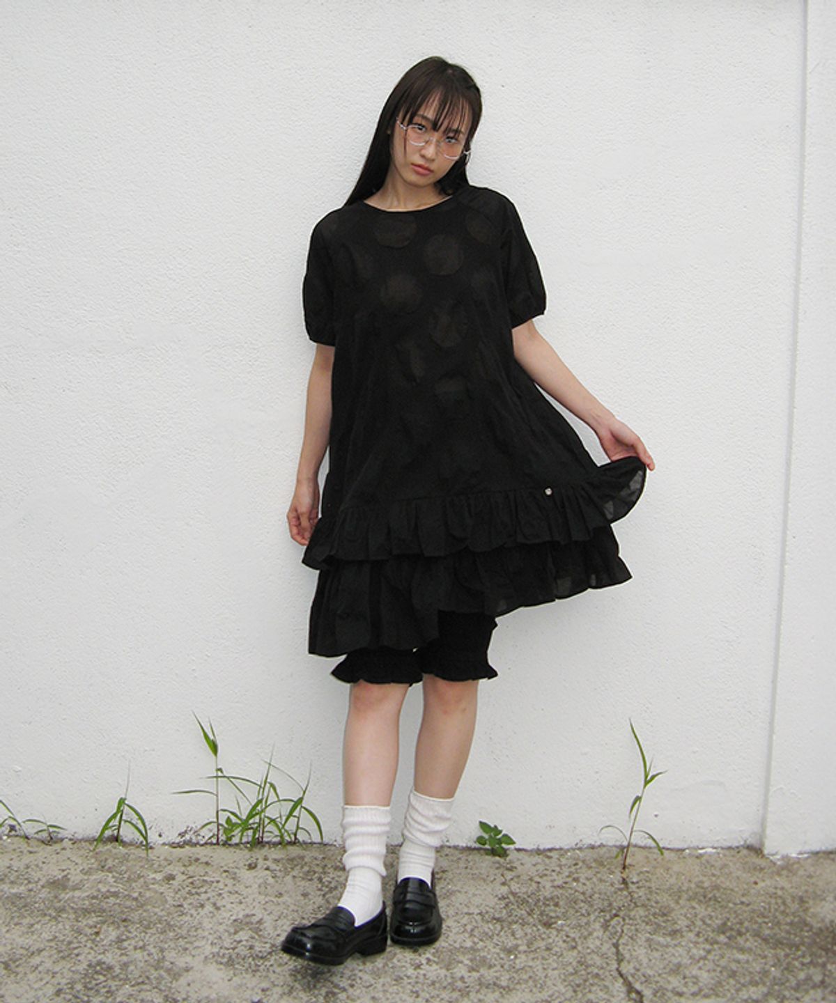 론론(RONRON) AIRY DOT RUFFLE LAYERED DRESS BLACK