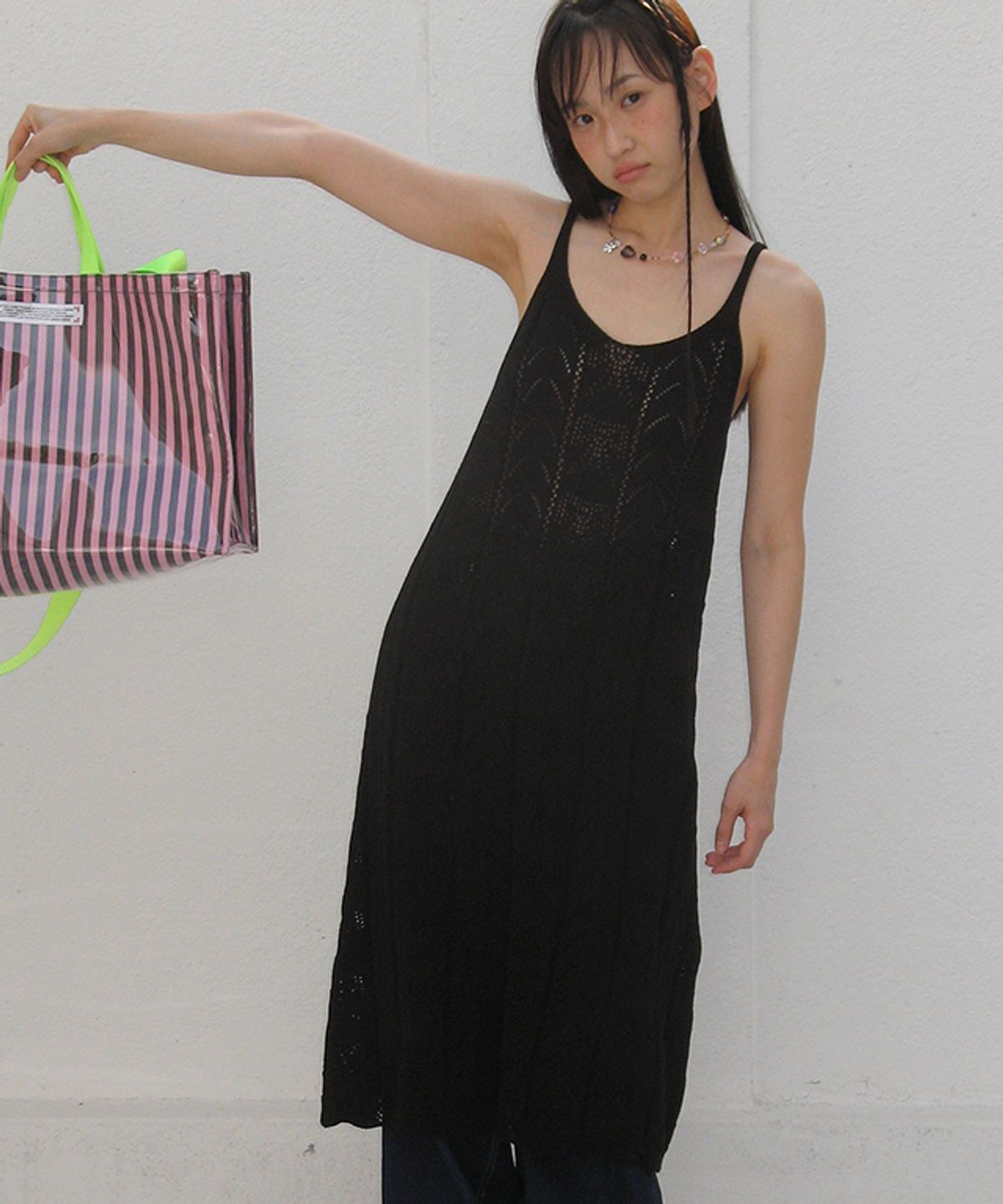 론론(RONRON) RIBBON SCOTCH LAYERED KNIT DRESS BLACK