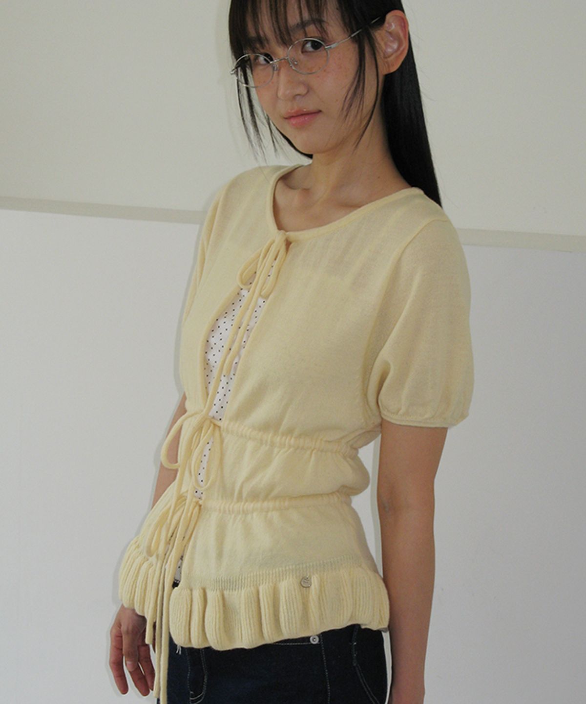 론론(RONRON) RUFFLE TEM TIE KNIT CARDIGAN SOFT YELLOW