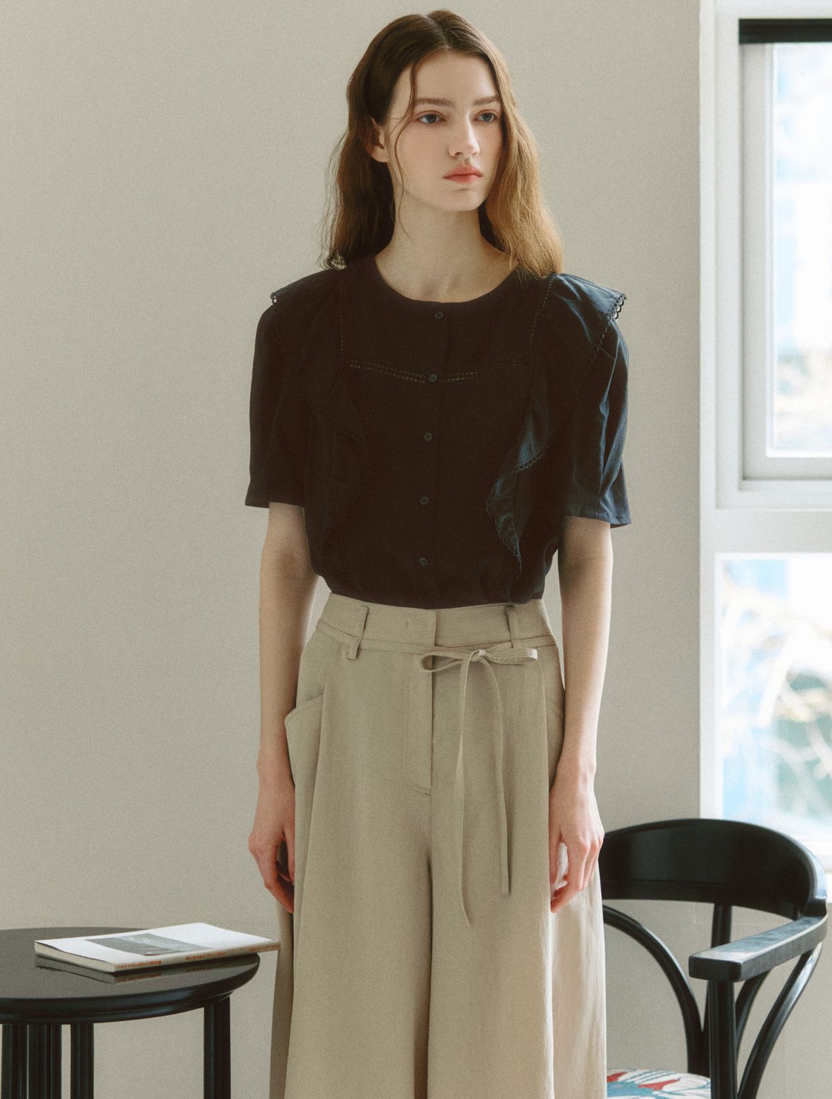 그레이데시온(GRAYDATION) Ruffle Lace Blouse BLACK