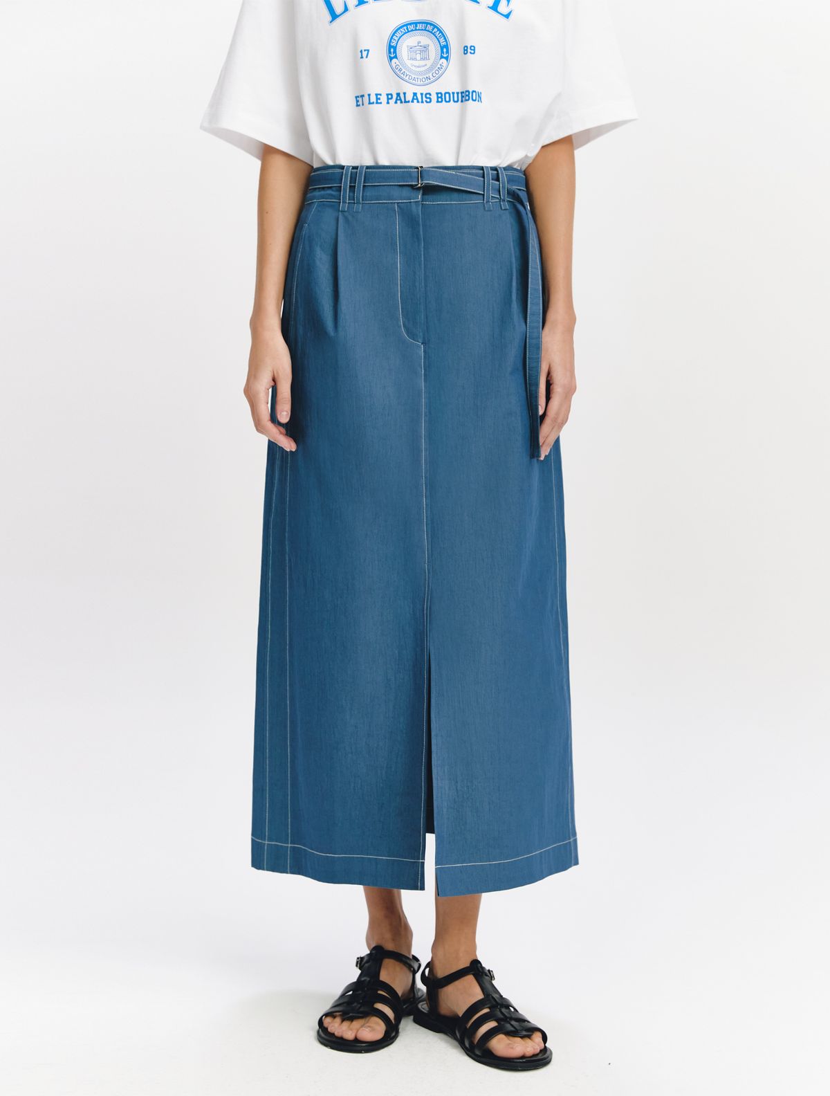 그레이데시온(GRAYDATION) One Tuck Slit Belted Skirt BLUE