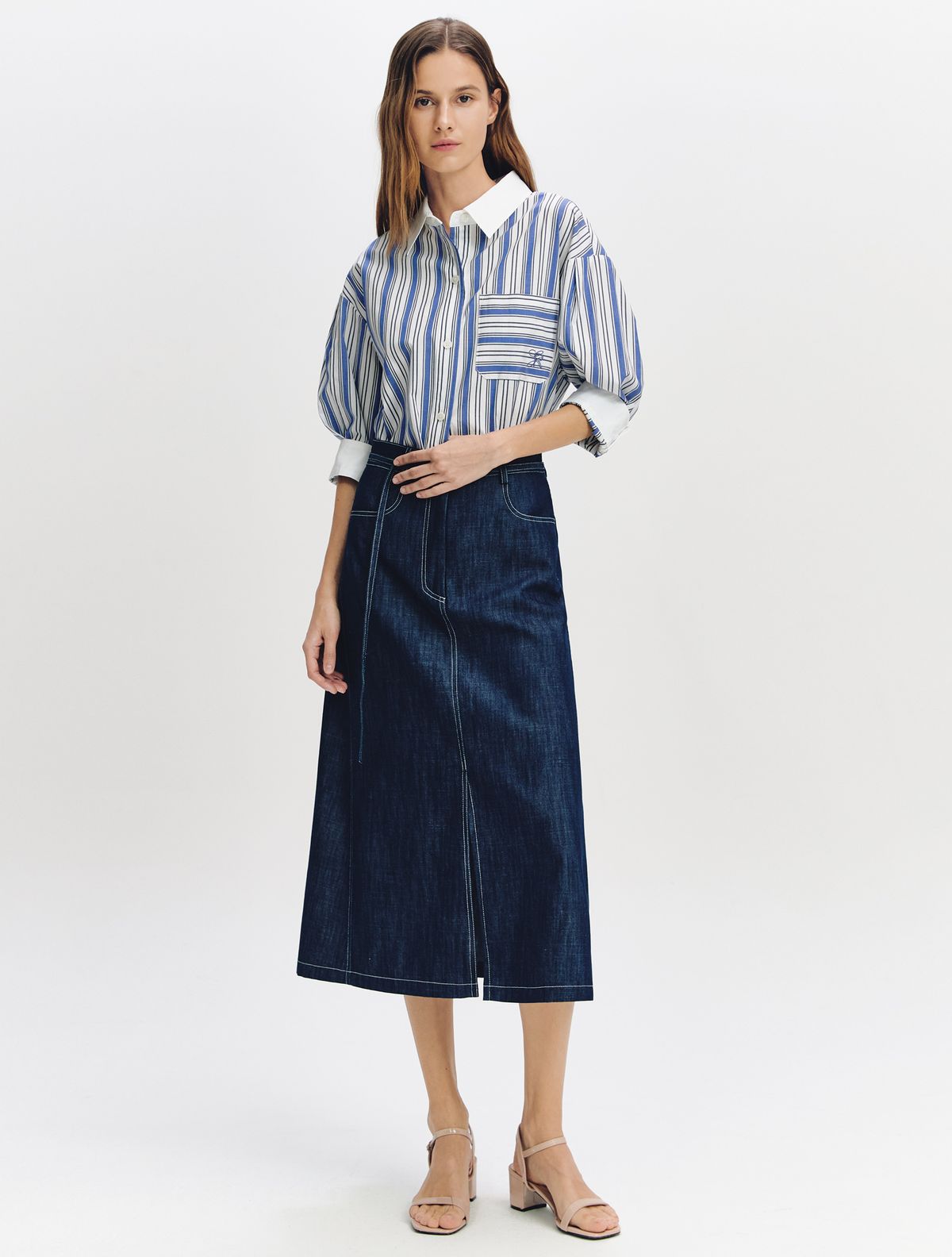 그레이데시온(GRAYDATION) Belted Slit Semi A-line Skirt BLUE