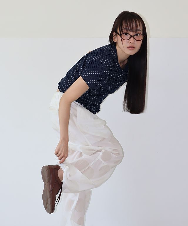 론론(RONRON) DOT RUFFLE HALF SLEEVE T SHIRT NAVY - 사이즈