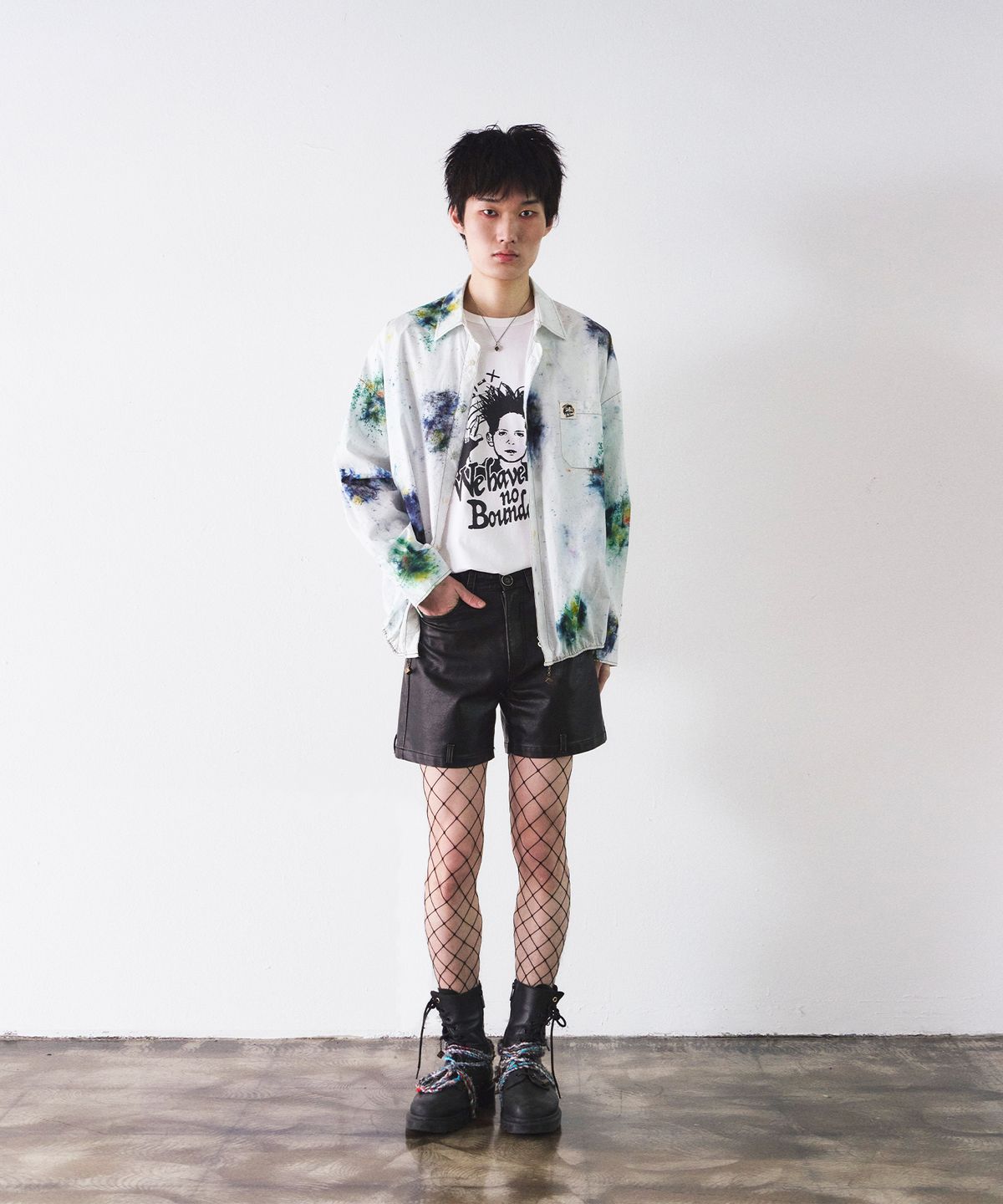 커넥트엑스(CONECTX) Hand Spray Dyed Cotton String Shirt, Multi Green