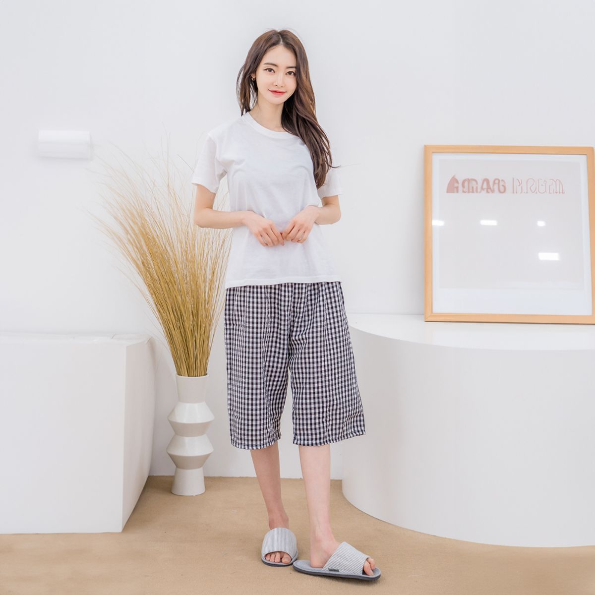에이원(AONE) 우먼 시어서커 7부 잠옷 바지