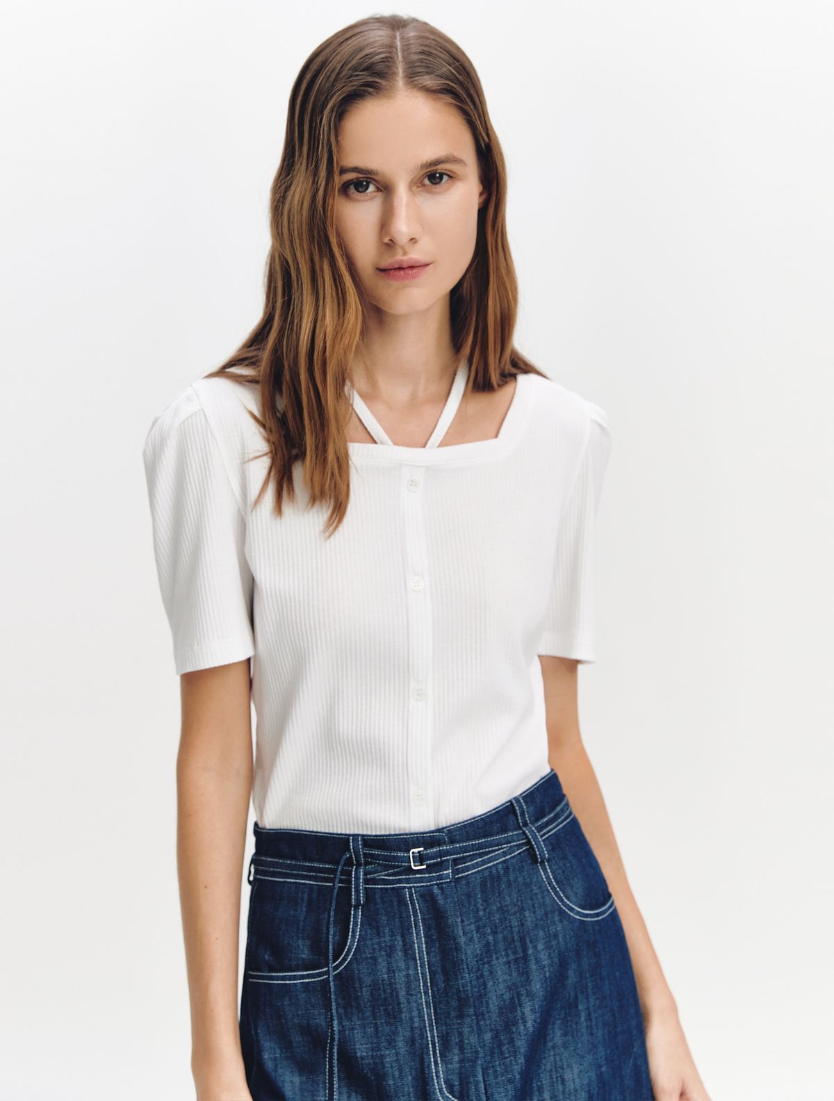 그레이데시온(GRAYDATION) Tie-decorated Square-neck Top OFF WHITE