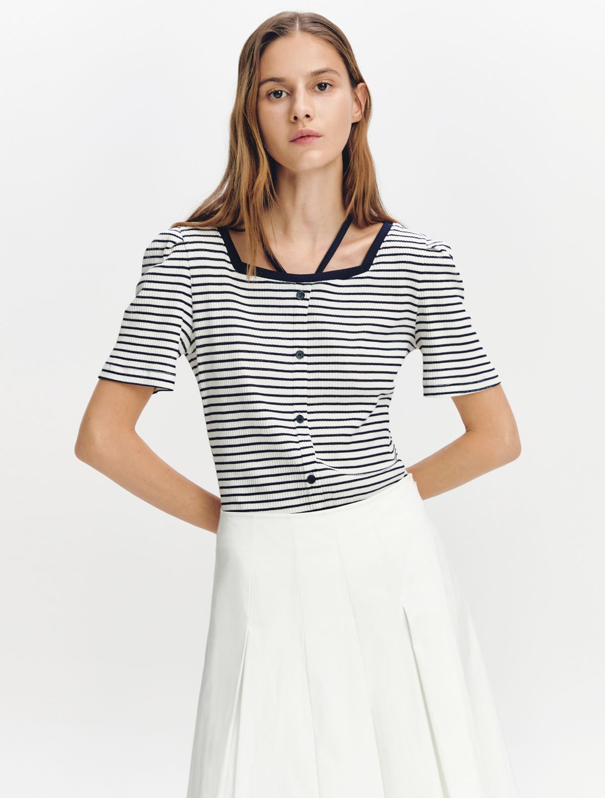 그레이데시온(GRAYDATION) Tie-decorated Square-neck Top NAVY