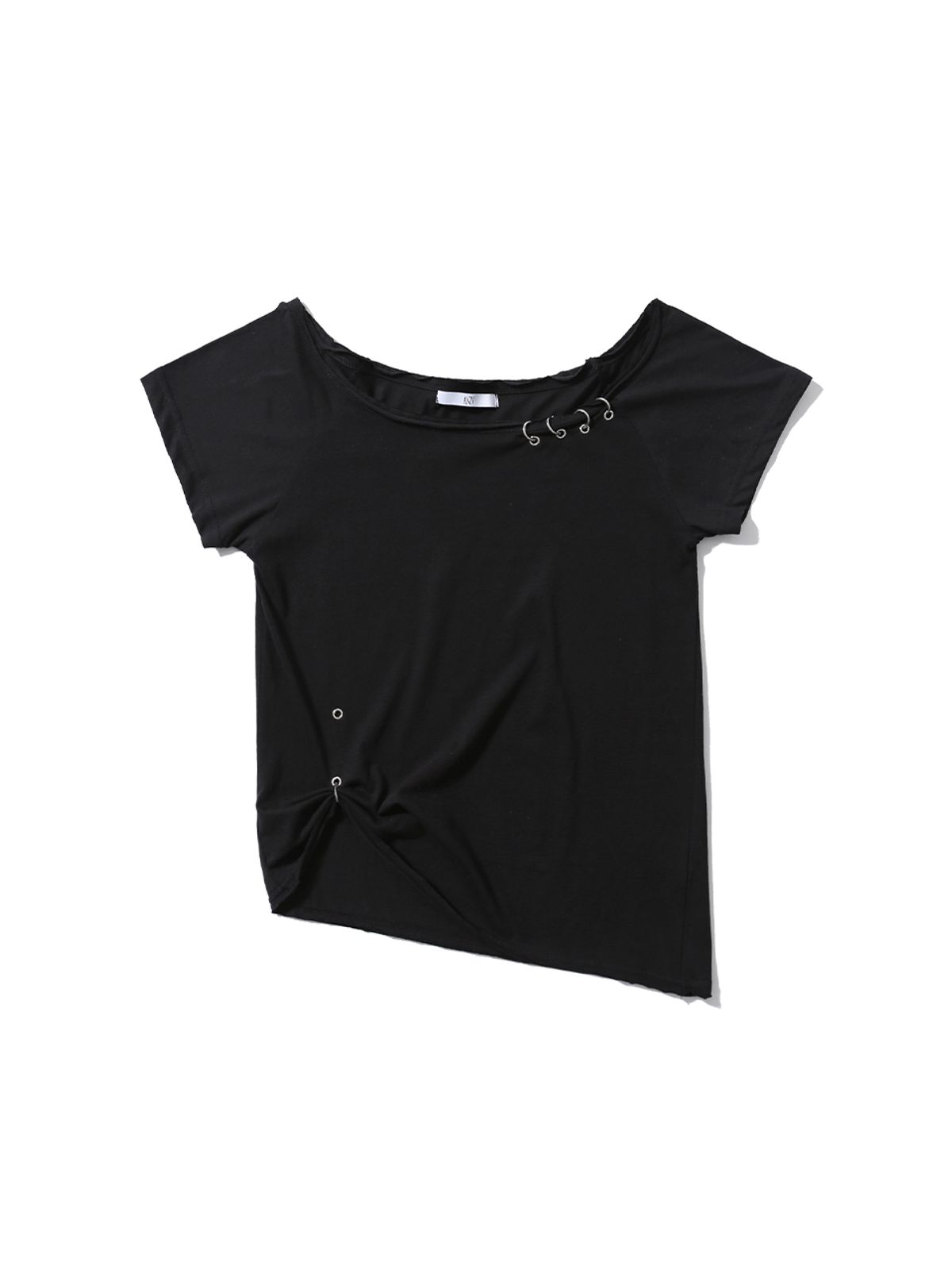 어니브(ANIV) UNBALANCE PIERCING EYELET T-SHIRT BLACK