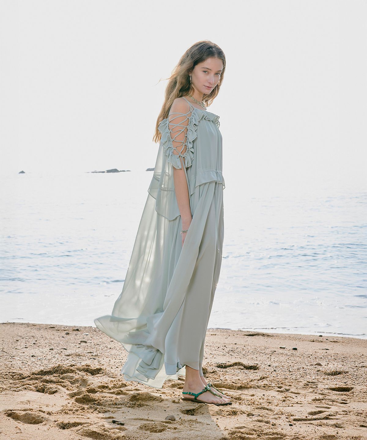 아이스가든에이오공팔(ICE GARDEN A.508) Off-shoulder chiffon dress_Seafoam Green