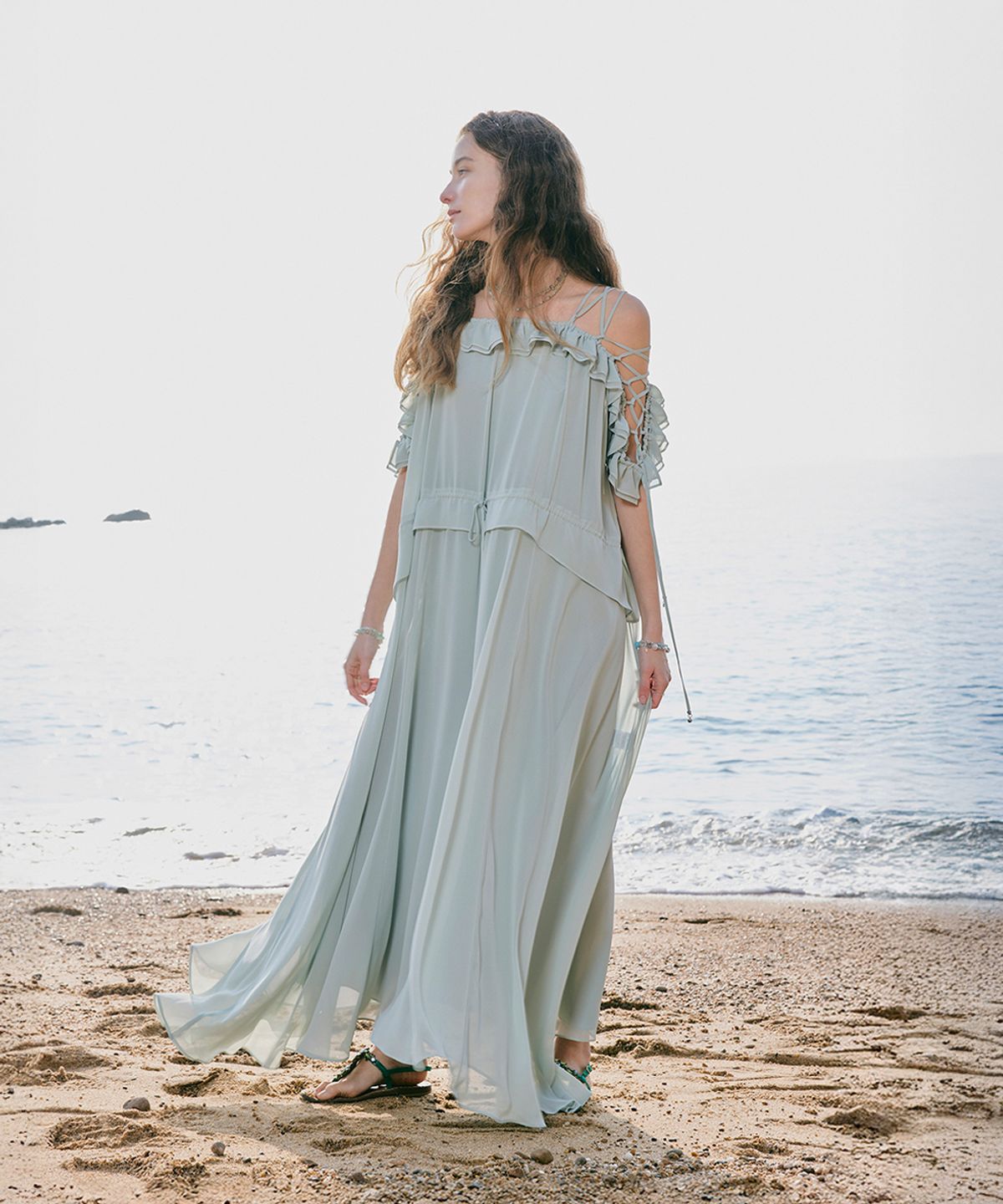 아이스가든에이오공팔(ICE GARDEN A.508) Off-shoulder chiffon dress_Seafoam Green