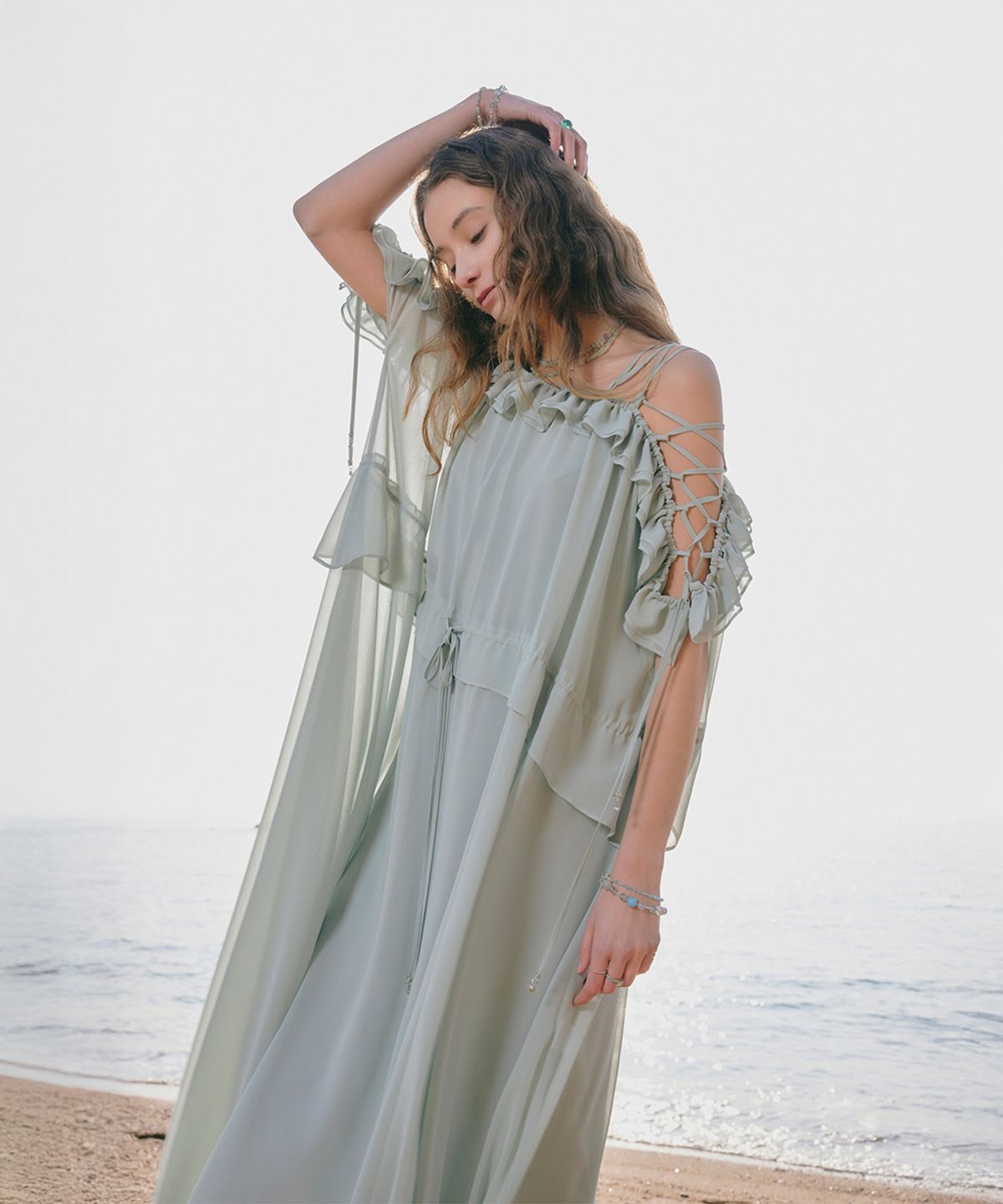 아이스가든에이오공팔(ICE GARDEN A.508) Off-shoulder chiffon dress_Seafoam Green