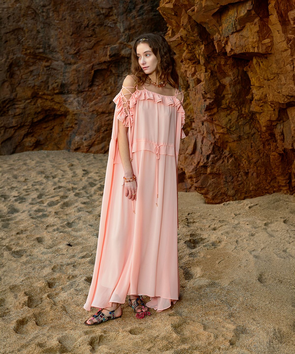 아이스가든에이오공팔(ICE GARDEN A.508) Off-shoulder chiffon dress_Peach cream