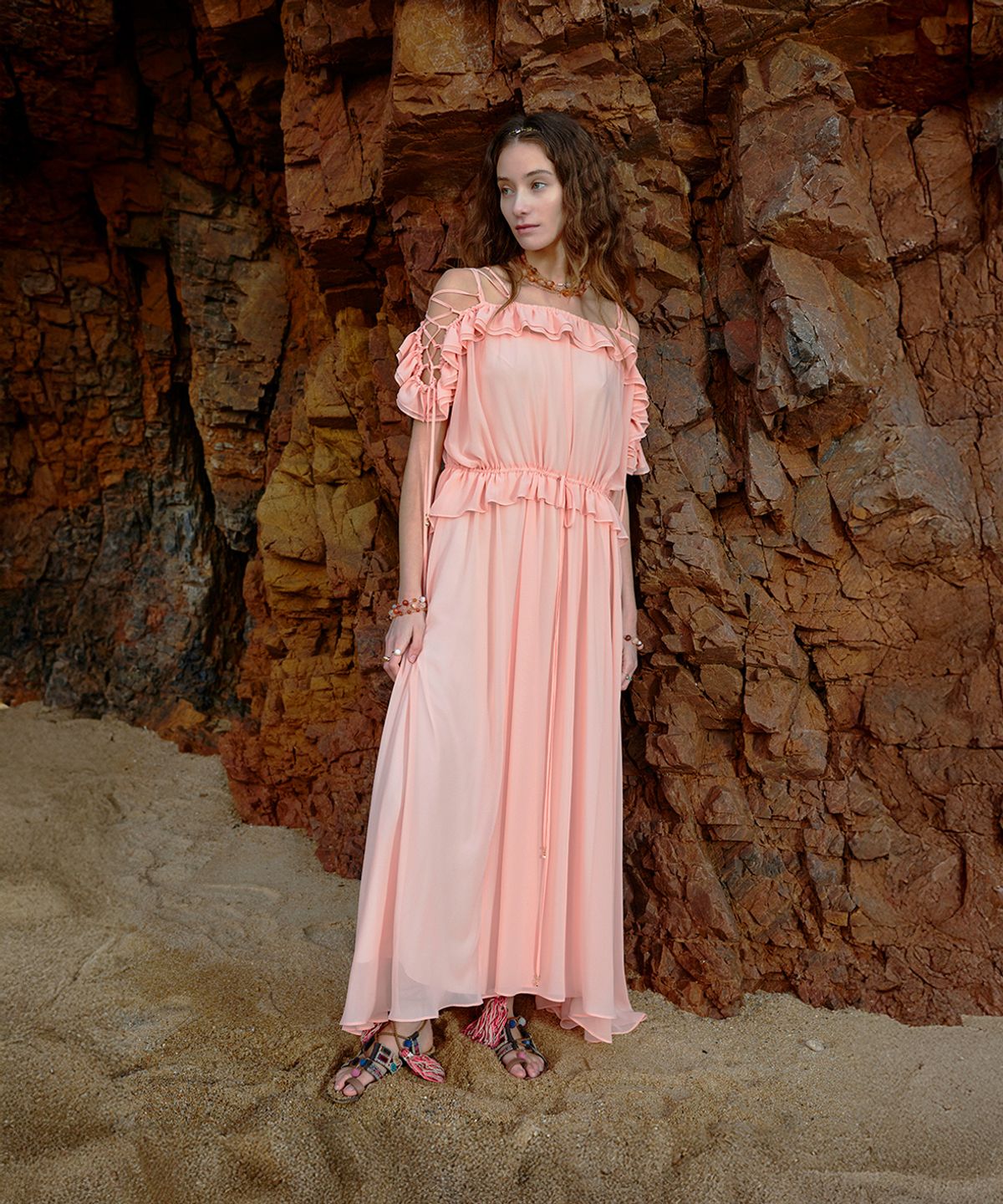 아이스가든에이오공팔(ICE GARDEN A.508) Off-shoulder chiffon dress_Peach cream