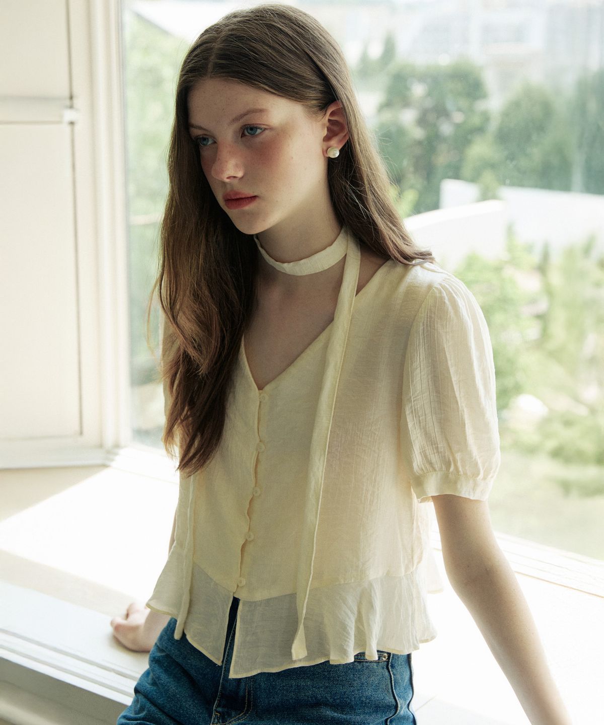 어다울(ADAUL) Sheer tie deep v neck blouse - cream