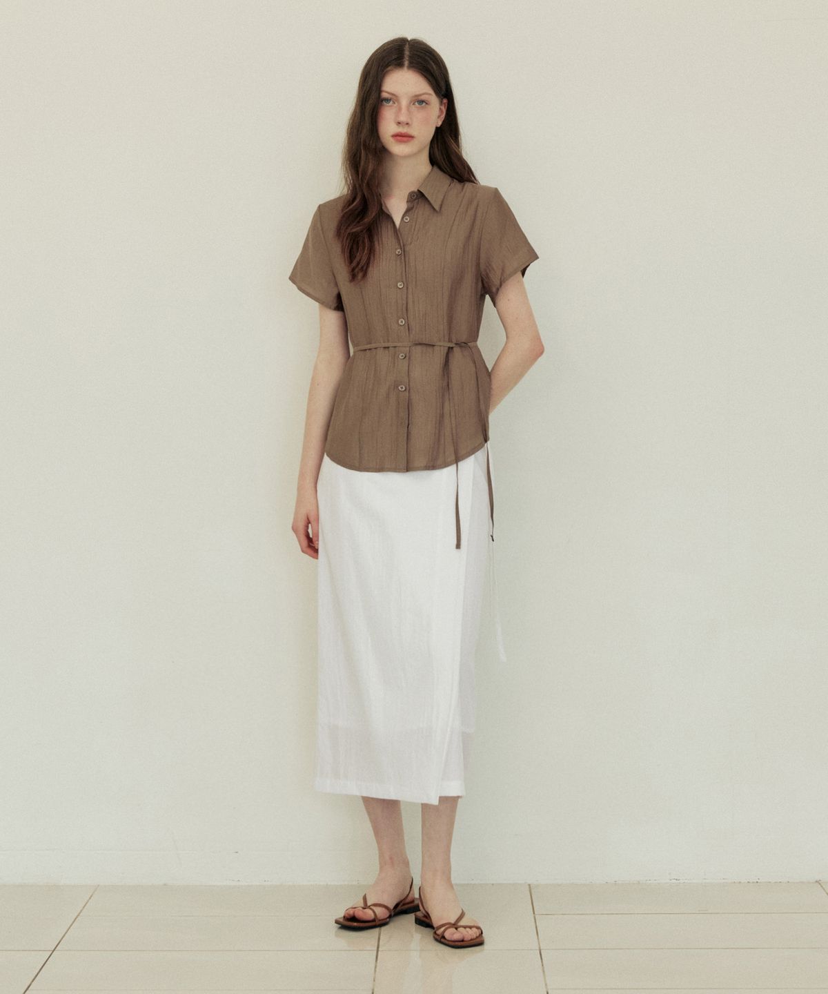 어다울(ADAUL) See through sheer belt shirt - ash brown