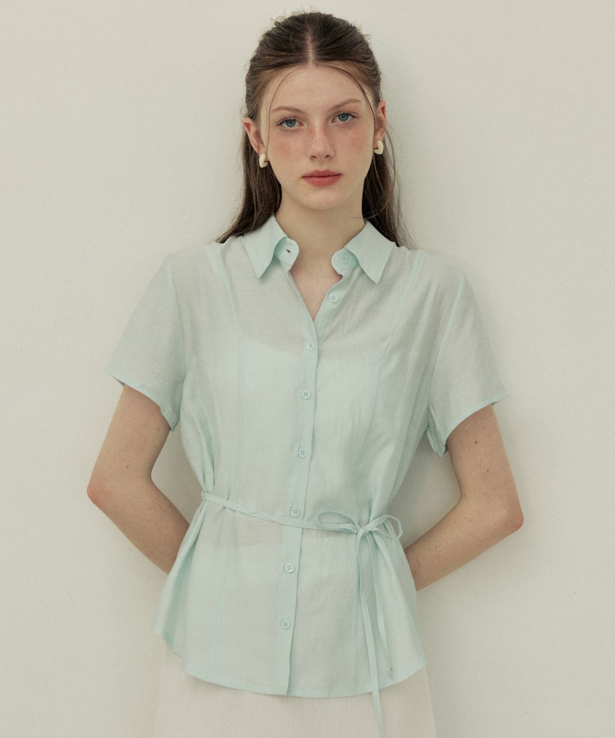 어다울(ADAUL) See through sheer belt shirt - blue