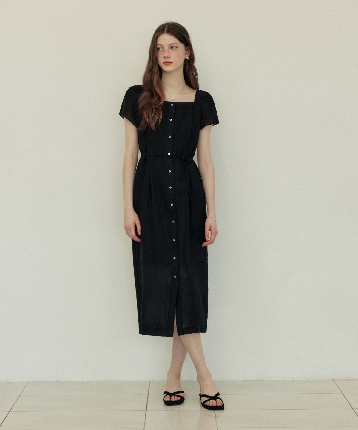 어다울(ADAUL) Square neck slim long dress - black