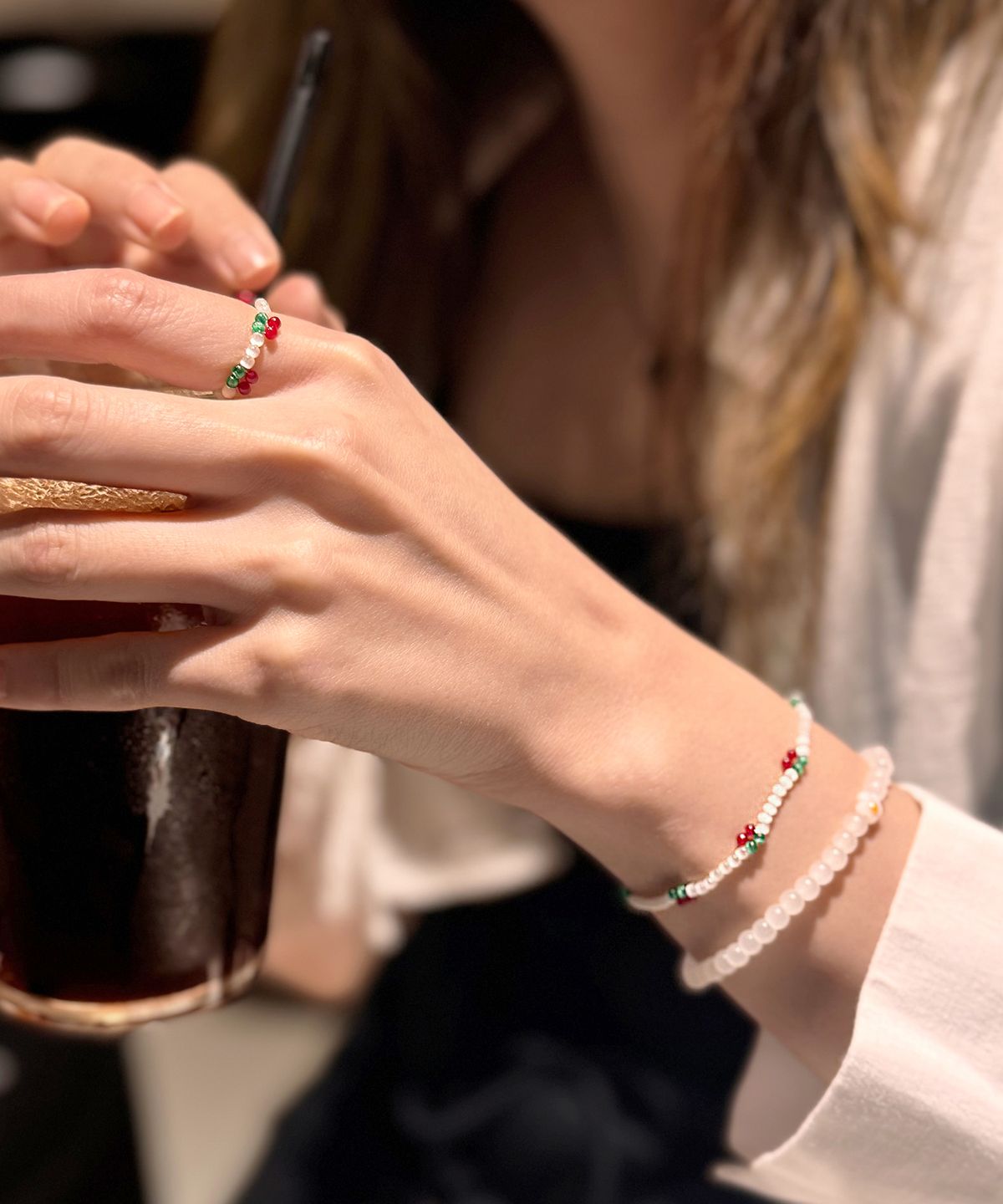 모노플럭스(MONOFLUX) [SET] 체리 퍼프 팔찌&반지_Milky Puff (캣츠아이 화이트)