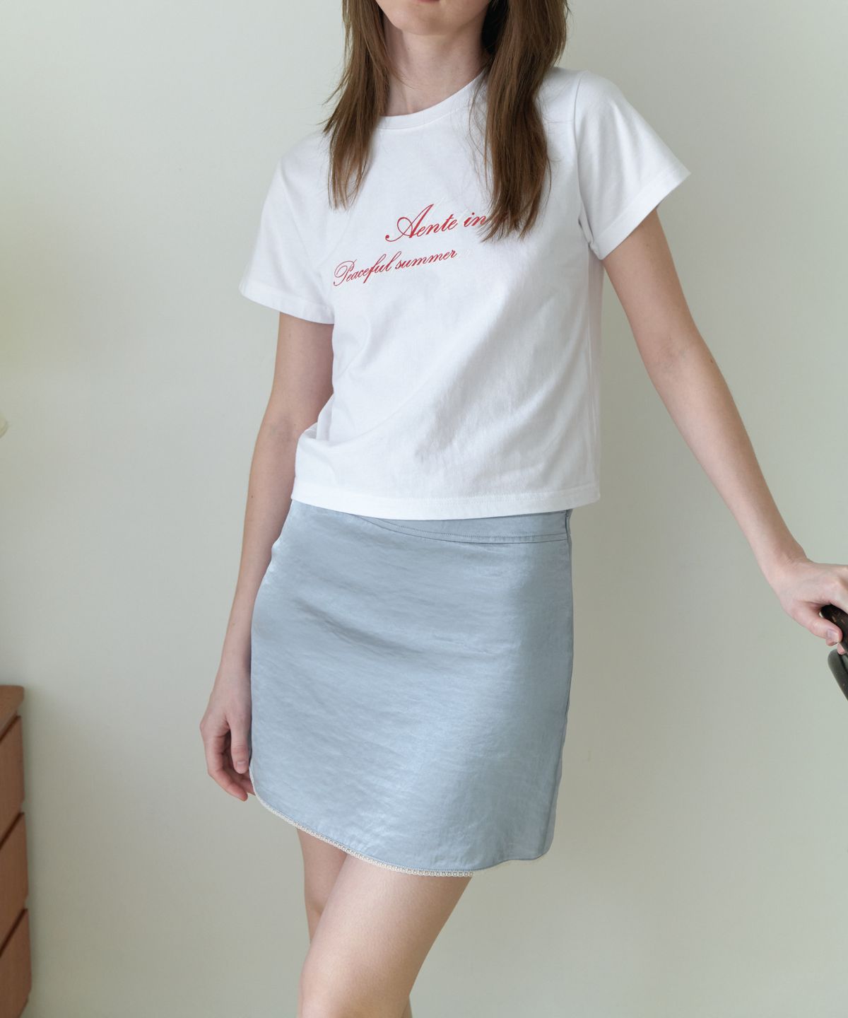 앤테(AENTE) Satin lace mini skirt - Sky blue