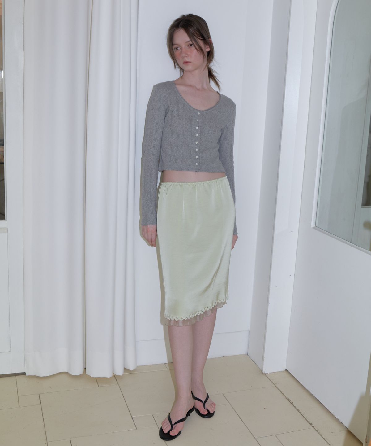 앤테(AENTE) Flower satin skirt - Green