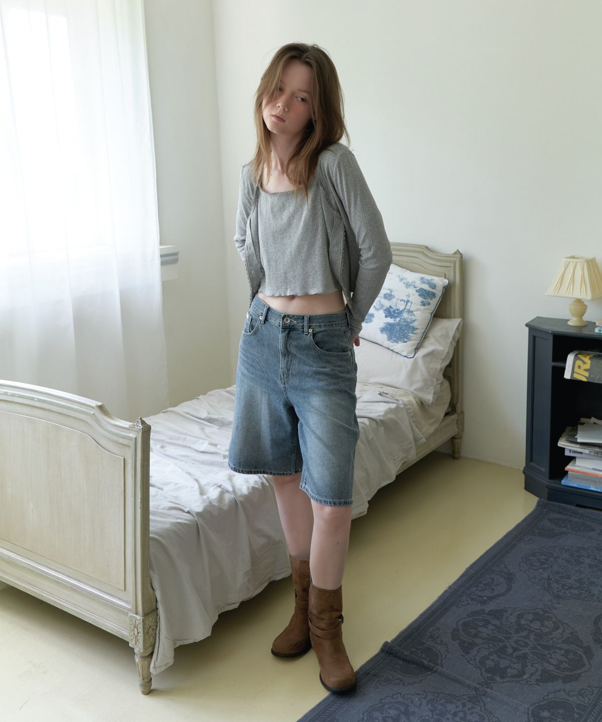 앤테(AENTE) Vintage washed half denim pants