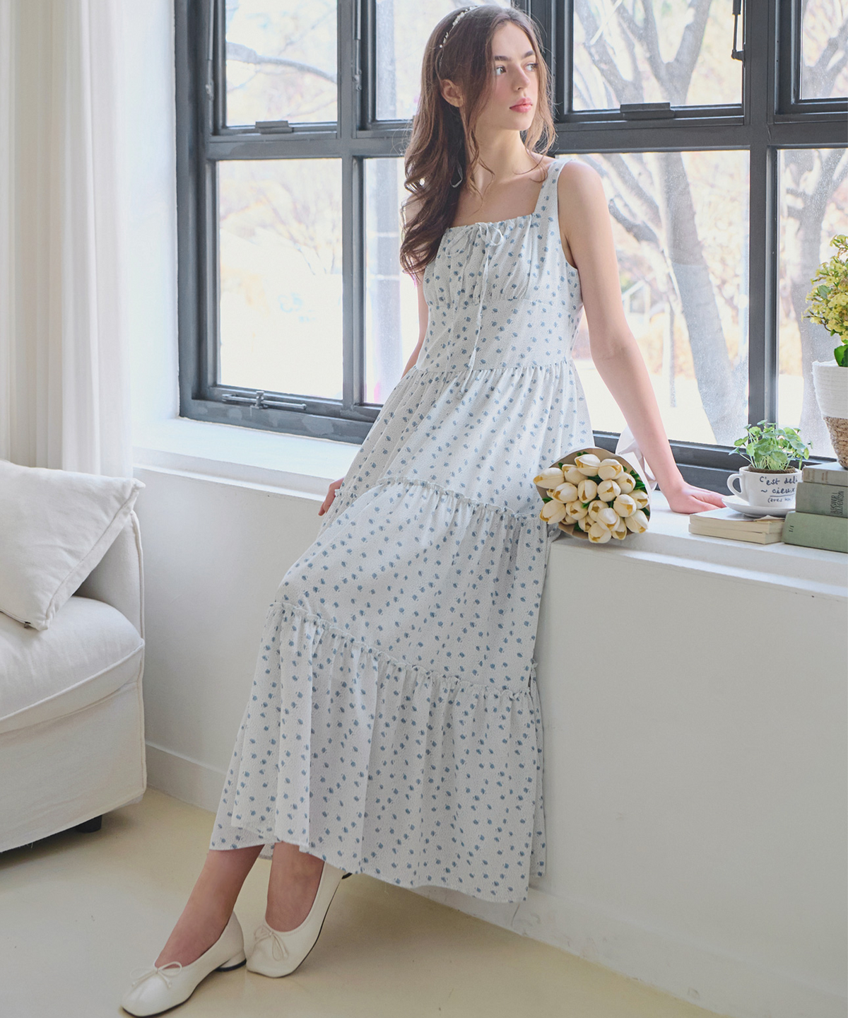슬로우롤리(SLOWLOLLI) Ribbon shirring sleeveless dress_4 Colors