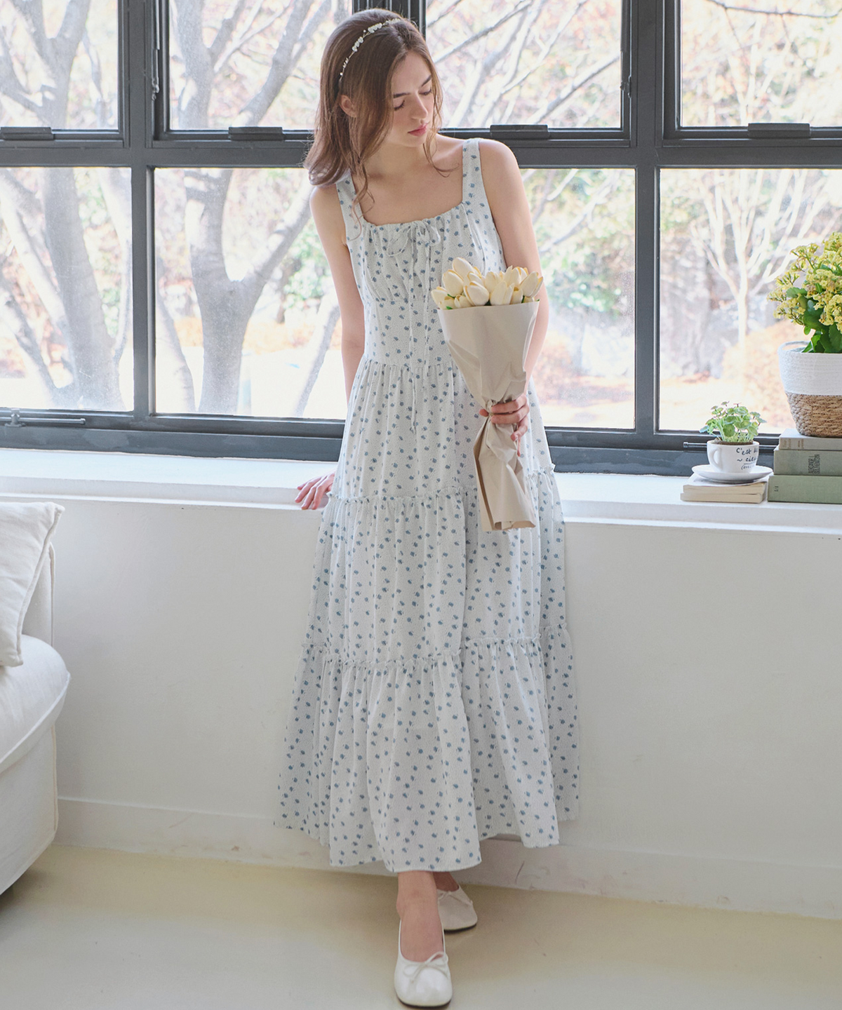 슬로우롤리(SLOWLOLLI) Ribbon shirring sleeveless dress_4 Colors