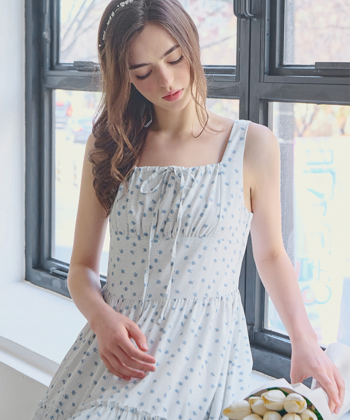 슬로우롤리(SLOWLOLLI) Ribbon shirring sleeveless dress_4 Colors