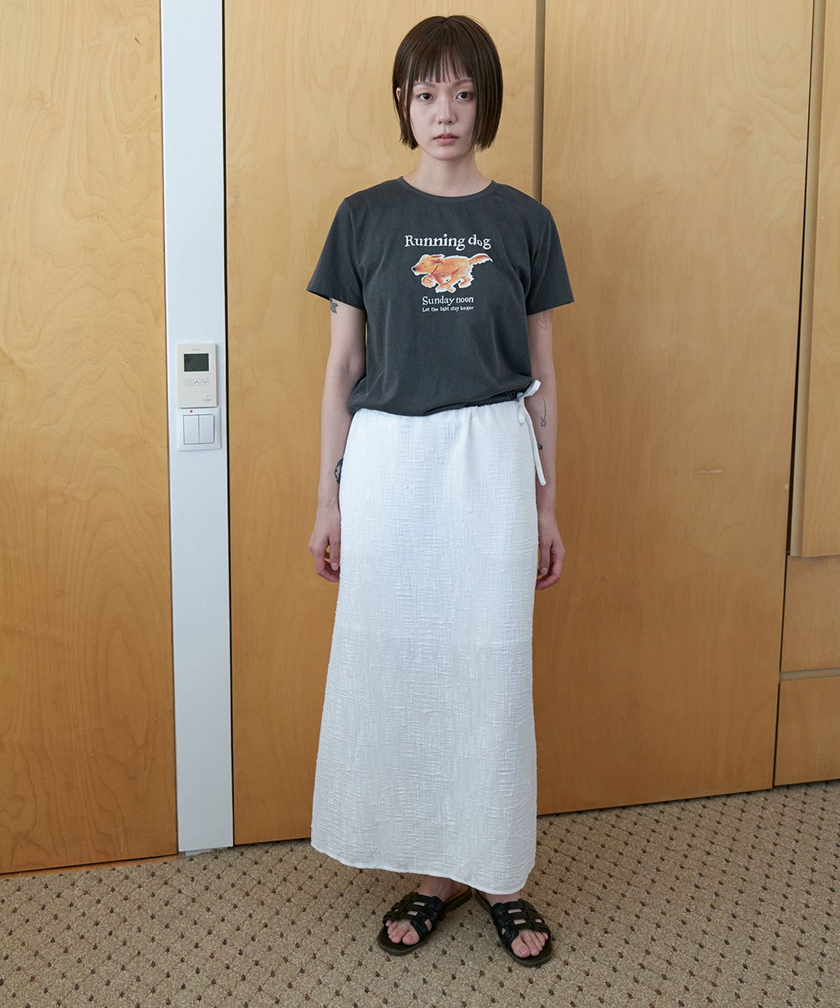 스텝어라운드(STEP AROUND) Tweed drawstring long skirt_WHITE
