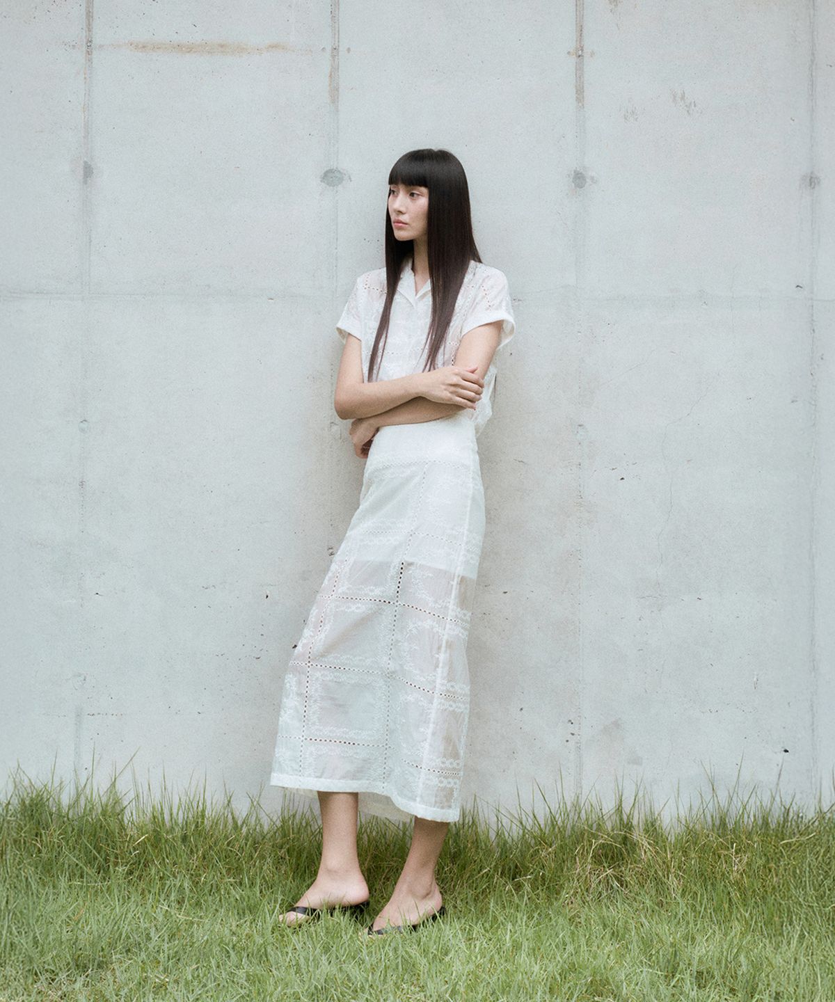 리이(RE RHEE) CROCHET SHEER MIDI SKIRT