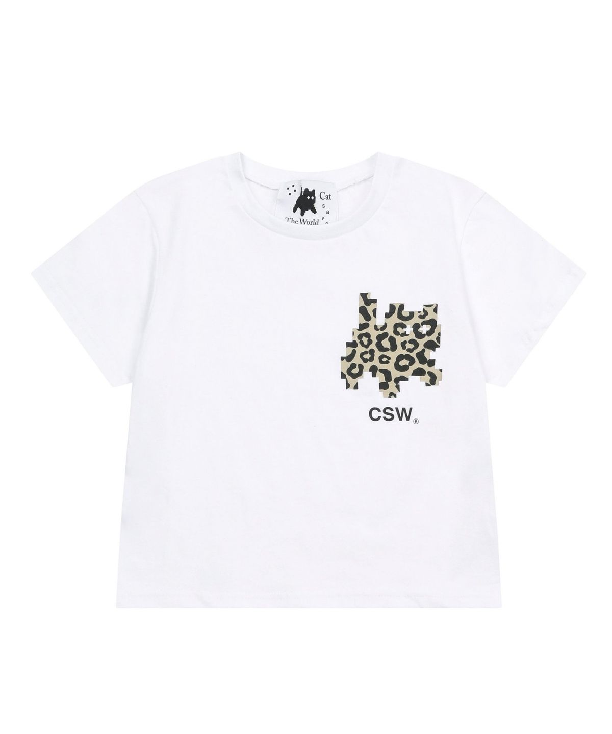 캣세이브더월드(CATSAVETHEWORLD) 사바 레오파드 픽셀 아트 로고 반팔 티