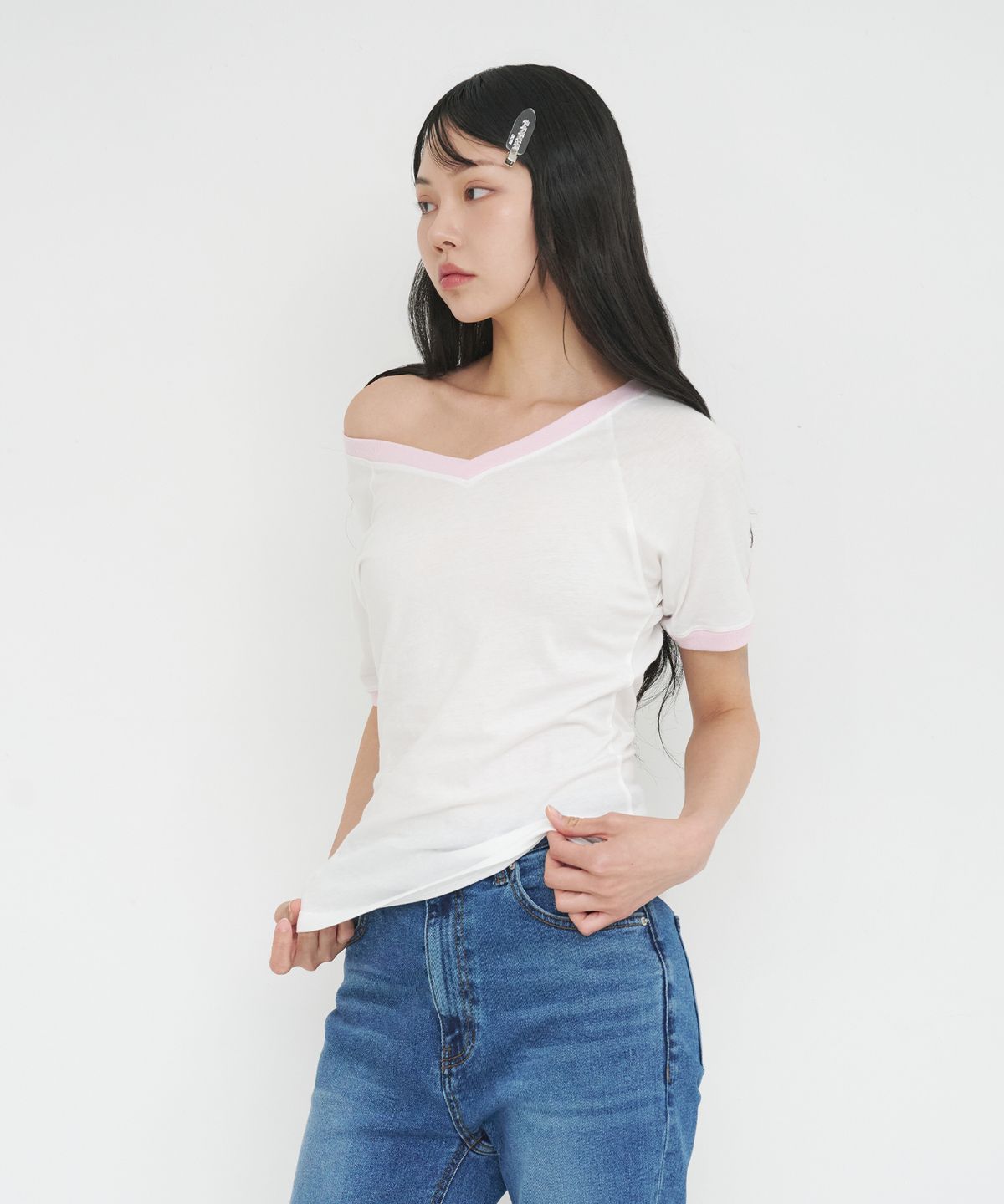 라츠유(LOTSYOU) lotsyou_V neck Ringer T-shirts Light Pink