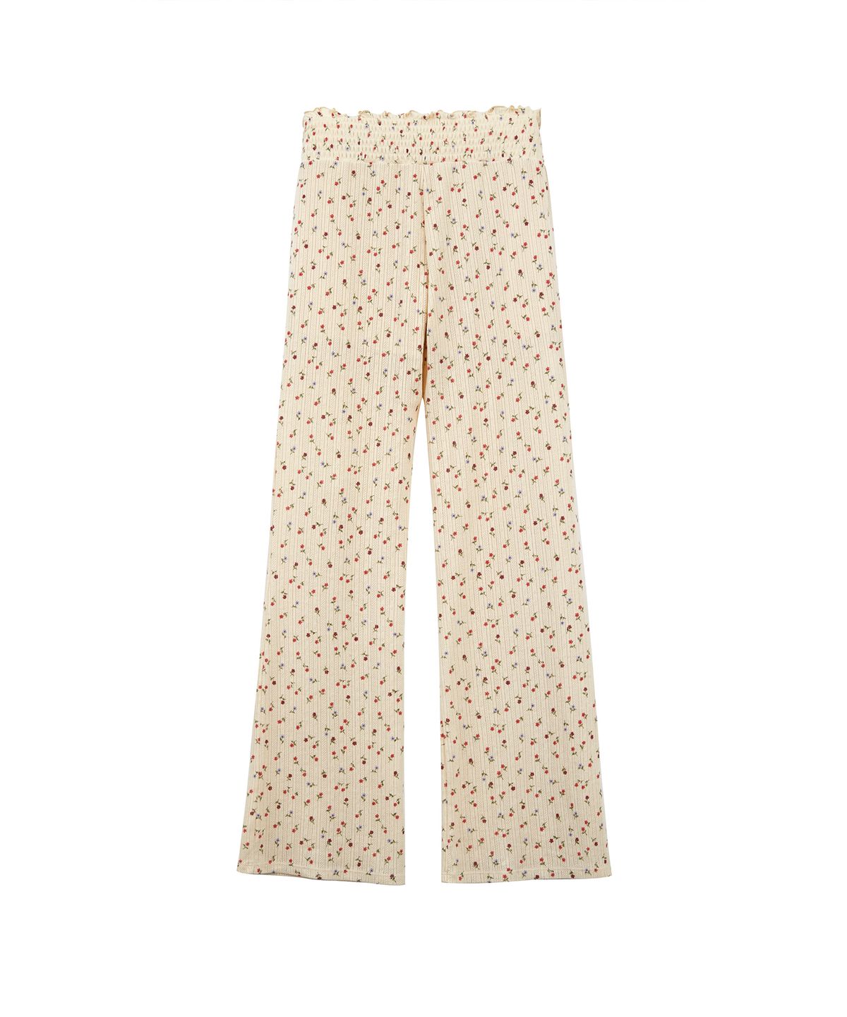 라츠유(LOTSYOU) lotsyou_Shirring Boot Cut Pants Flower Beige