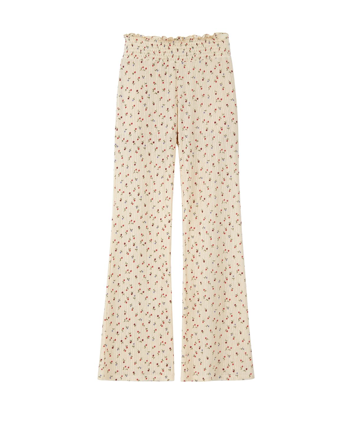 라츠유(LOTSYOU) lotsyou_Shirring Boot Cut Pants Flower Beige