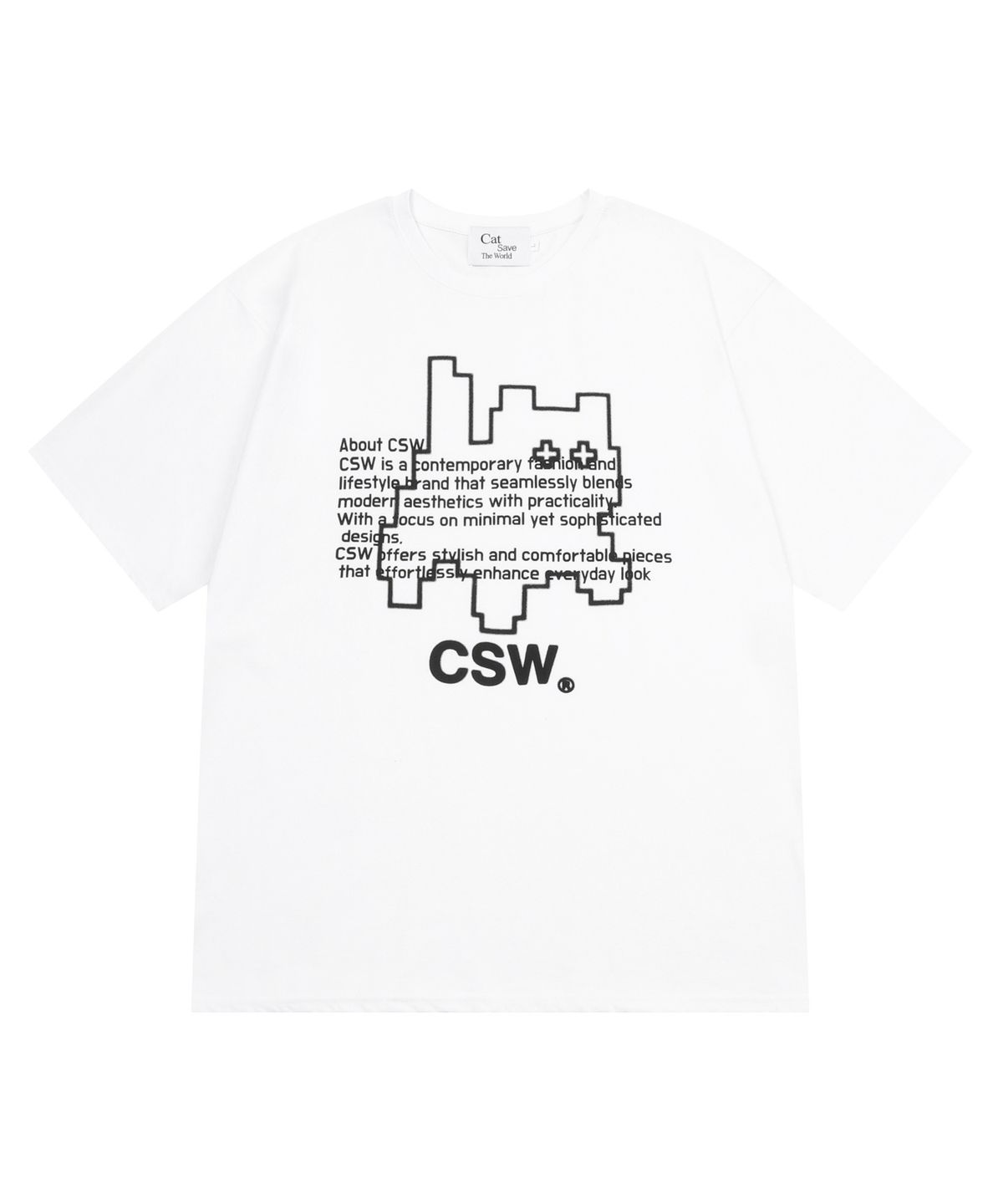 캣세이브더월드(CATSAVETHEWORLD) 글리치 레터링 픽셀 아트 로고 반팔 티