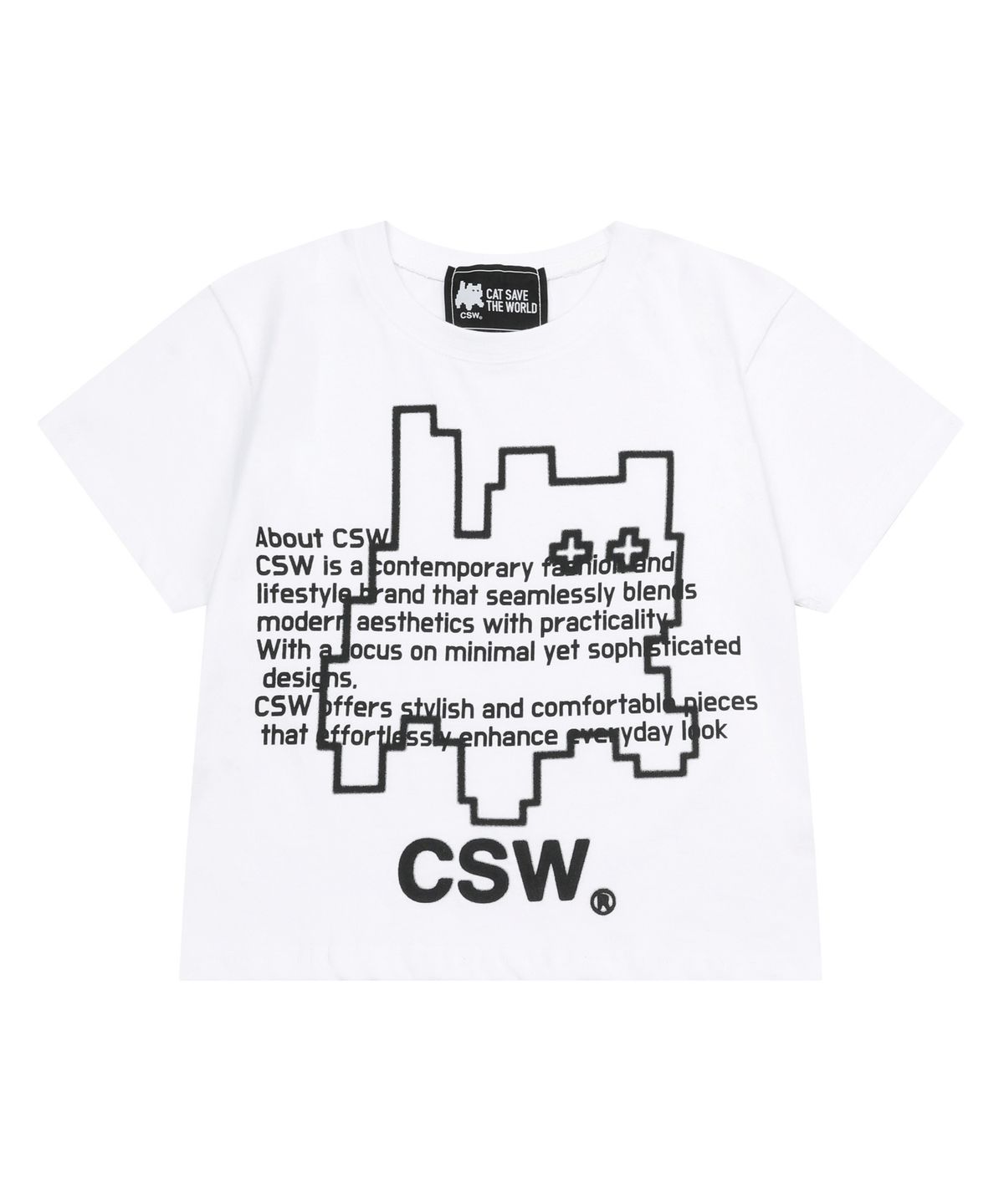 캣세이브더월드(CATSAVETHEWORLD) 글리치 레터링 픽셀 아트 로고 반팔 티