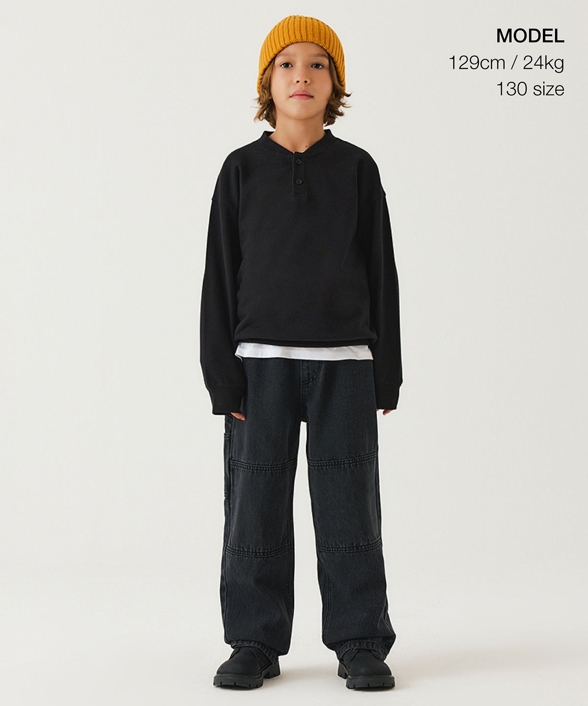 무신사 스탠다드 키즈(MUSINSA STANDARD KIDS) 와이드 카펜터 밴딩 데님 팬츠 [워시드 블랙]
