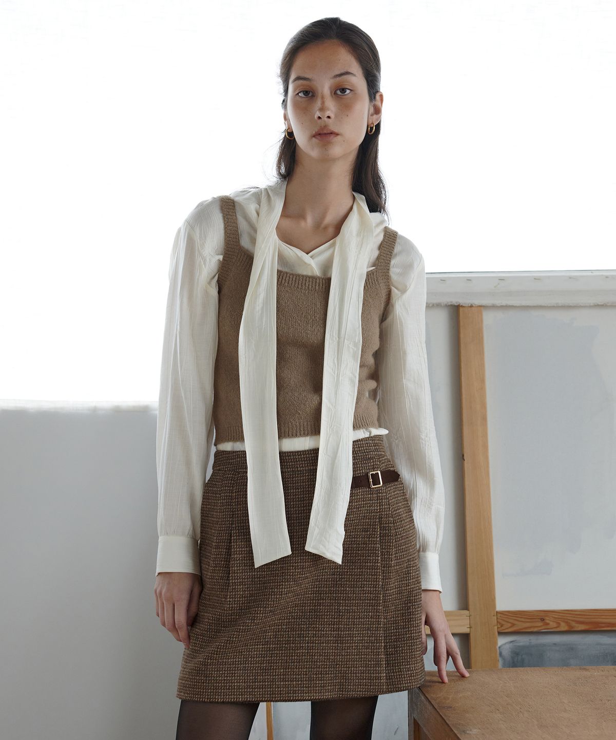 오떼뜨(OCTETTE) ALIA ALPACA CHECK SKIRTS_BROWN