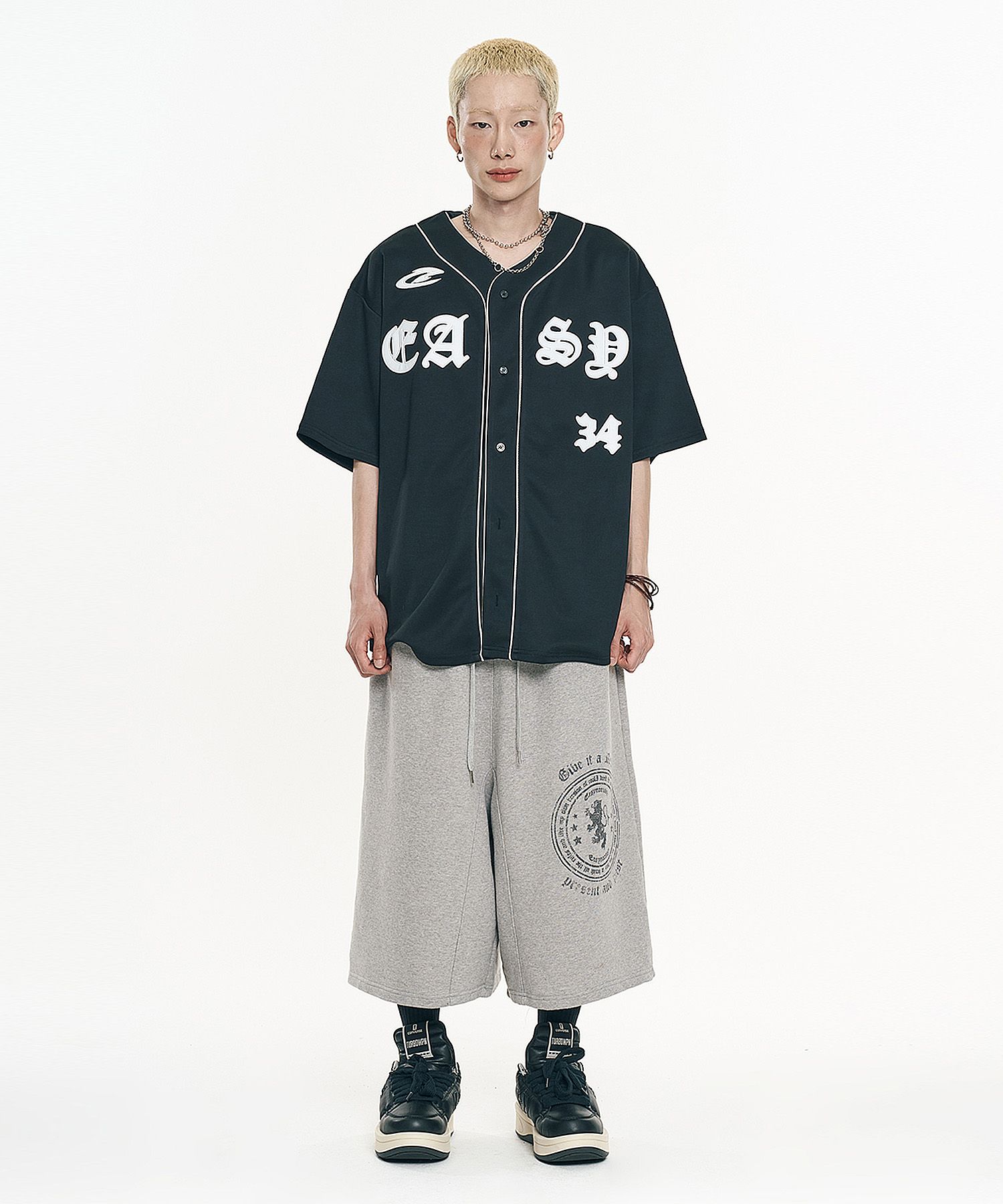 MUSINSA | EASY NO EASY Big emblem bermuda sweatpants - grey